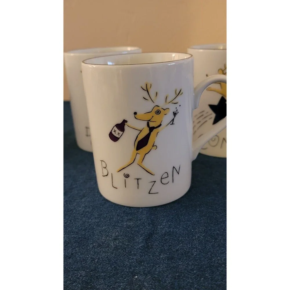 Set Of 4 Pottery Barn Reindeer Coffee Mugs Comet Cupid Donner Blitzen